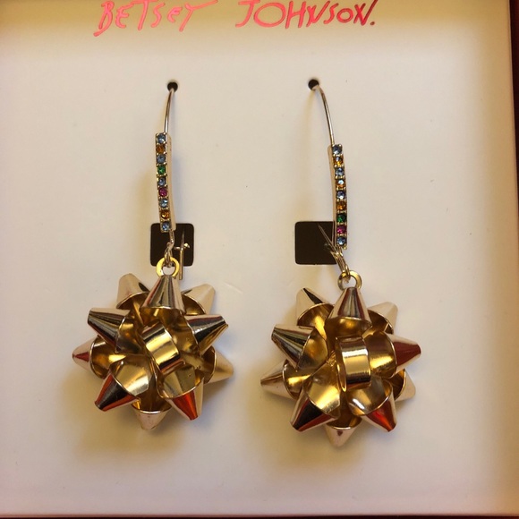 Betsey Johnson Gold Tone Metal Bow Drop Earrings Crystal Accents NIB - Picture 3 of 13